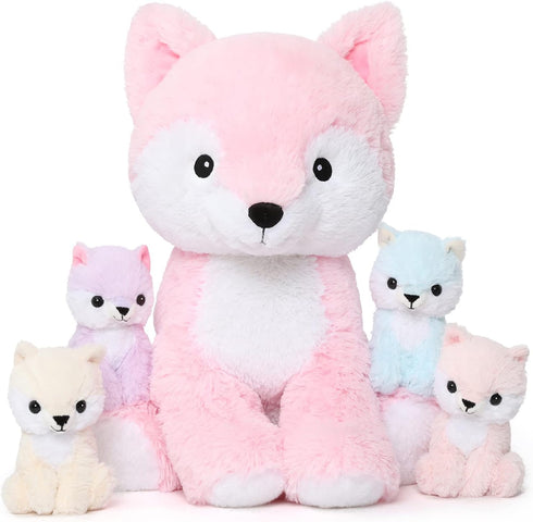 MorisMos Stuffed Fox Mommy & Babies Plush Toy Set, Large Soft Foxes for Women, Girls, Kids