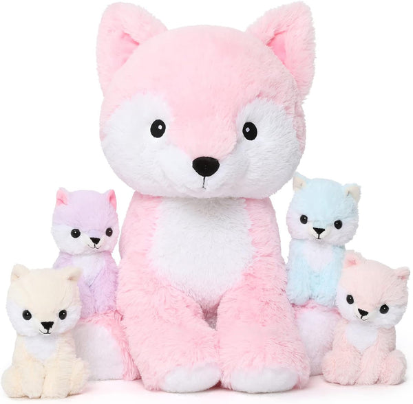 MorisMos Stuffed Fox Mommy & Babies Plush Toy Set, Large Soft Foxes for Women, Girls, Kids