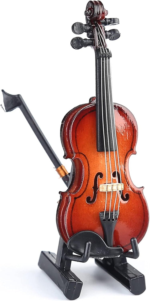 Wooden Miniature Violin with Stand, Bow, and Case, Collectible Musical Instrument Replica, 3.15"x1.18"x0.59"