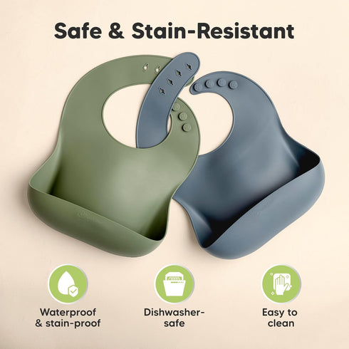 KeaBabies Silicone Bibs for Babies - 2-Pack Food-Grade Pure Silicone, Waterproof Toddler Bibs (Slate)