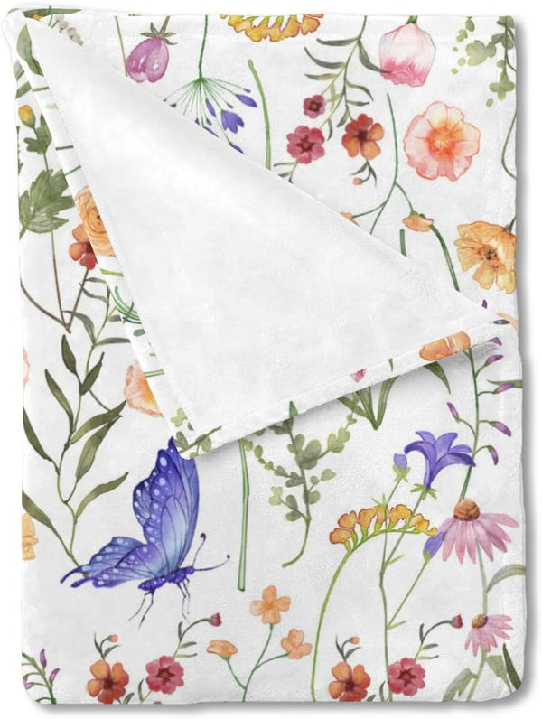 Spring Wildflower Butterflies Baby Blanket for Boy Girl, Watercolor Floral Summer Flannel Soft Swaddle Blanket 30x40