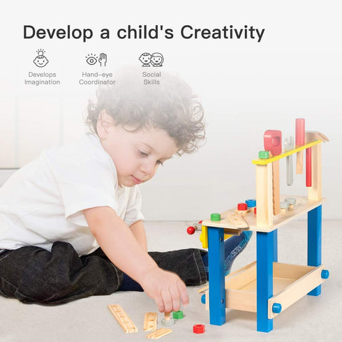 Set 3 ROBUD Wooden Tool Workbench Toy for Kids & Toddlers, with Wood Tool Gift for Boys Girls Year Old and Up,Blue