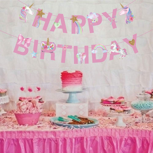 CC HOME Unicorn Happy Birthday Banner/Unicorn Party Supplies for Kids Birthday Party Decoration, Pink