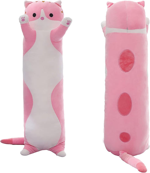 Long Cat Plush Pillow, Pink Cat Body Pillow, Soft Plushies Kawaii Stuffed Kitten Toy for Kids Girlfriend (43.3 Inch)