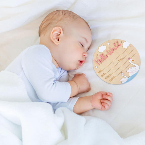 Lyreh 15cm/5.91in Birth Announcement Sign, Wooden Hello World Newborn Sign Welcome Baby Board Baby Name Plaque for Home