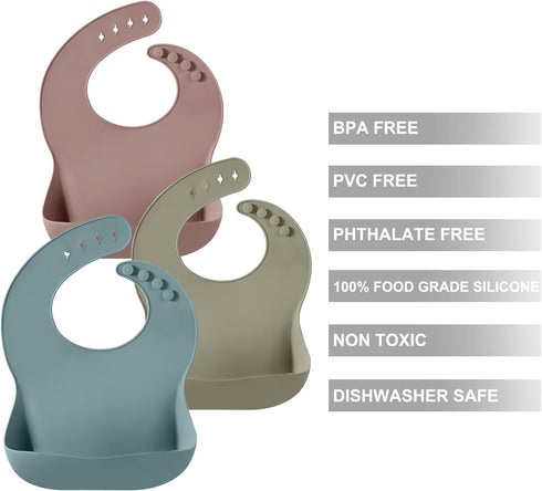 3 Pack PandaEar Silicone Bibs for Babies - Waterproof, BPA Free, Soft Durable Bibs for eating with Pocket Food Catcher