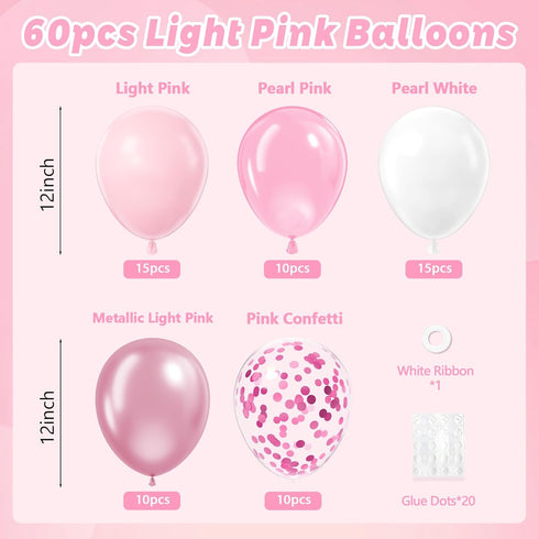 60pcs 12inch Light Pink and White Balloons, Pearl Light Baby Pink Confetti White Balloons for Wedding Bridal Shower