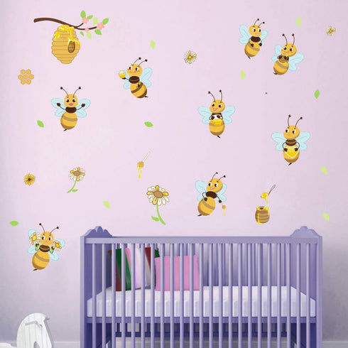 Yellow Bee Wall Stickers, Flower Beehive Branch Wall Decals Art Decor for Kids Bedroom Nursery Playroom