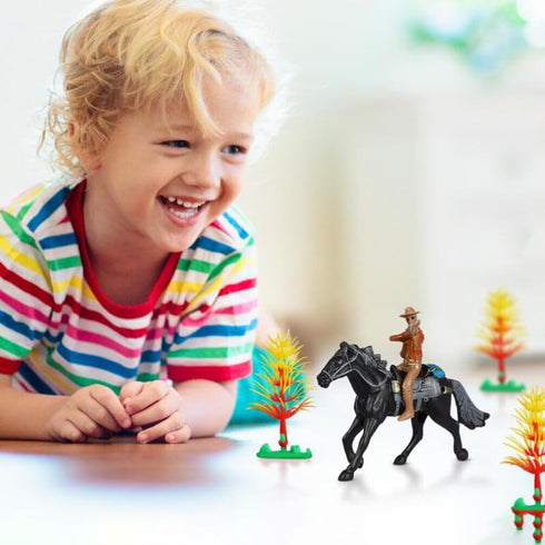 Western Figures Horse Carriage Model Playset, Plastic West Figurines Riding Horse Action Figure Educational Toys for