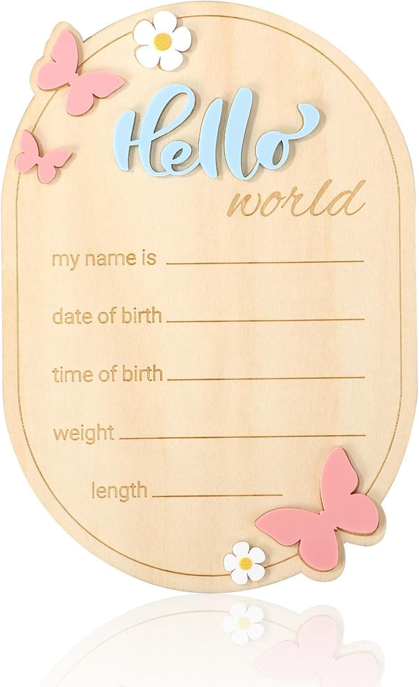 Penitue Wooden Baby Announcement Sign, Cute Hello World Newborn Signs Welcome Baby Arrival