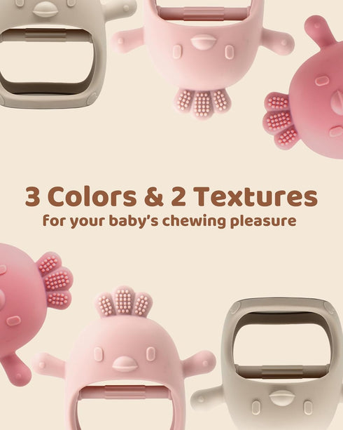 3 Packs Baby Teething Toy - Silicone Teething Mitten for Over 3 Months, BPA Free, Pink, Caramel & Coral Red