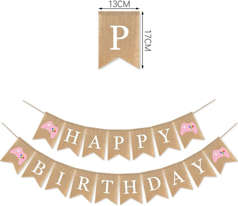Video Game Birthday Decorations - Pink Game Controller Happy Birthday Burlap Banner, Gamer Themed Sign