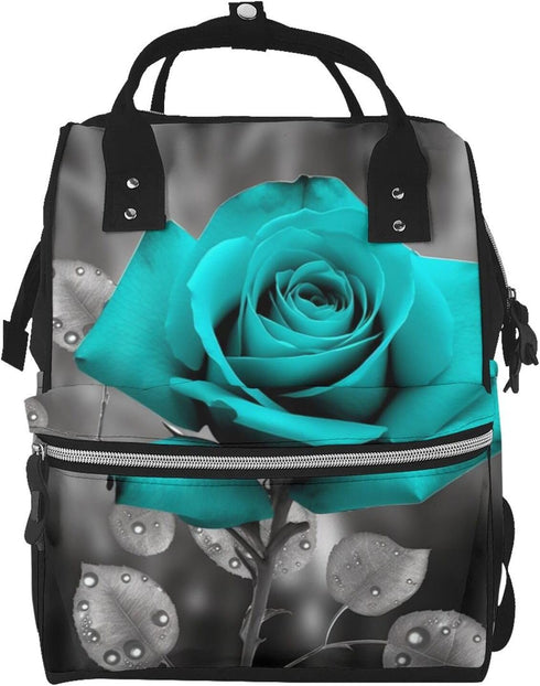OUSIKA Teal Grey Rose Print Diaper Bag Multifunction Laptop Backpack Travel Daypacks Large