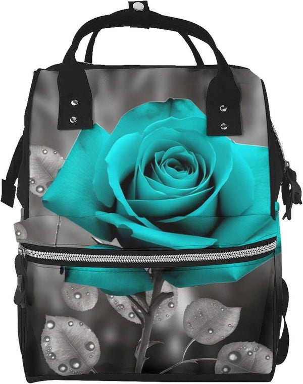 OUSIKA Teal Grey Rose Print Diaper Bag Multifunction Laptop Backpack Travel Daypacks Large