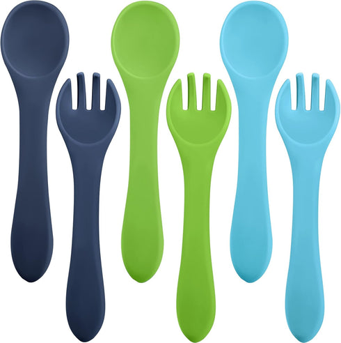 Nuenen 6 Pieces Silicone Baby Feeding Forks and Spoons Set - Hot Safety First Stage Self Feeding Supplies Mini Kids