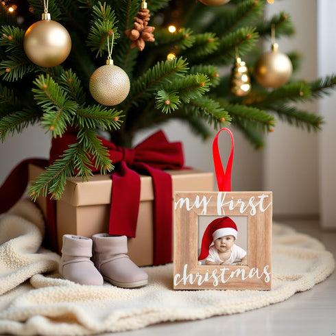 Pearhead Baby’s First Christmas Wooden Picture Frame Ornament, Rustic Keepsake Photo Holiday Gift for New Parents