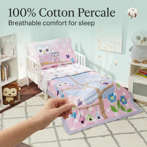 4 Set 100% EVERYDAY KIDS Piece Toddler Bedding - Owls - Soft Cotton Percale - Includes Comforter, Flat Sheet, Fitted