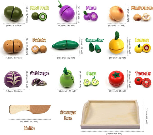 Take Me Away Set Set Wooden Cutting Fruit Vegetables for Kids - Pretend Play Food Toy with Wooden Knife and Tray
