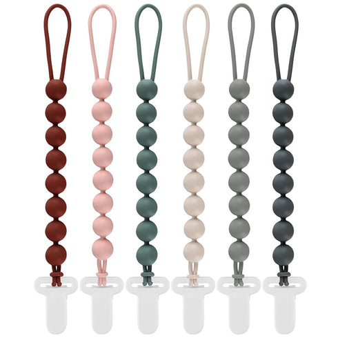 6-Pack Silicone Pacifier Clips for Babies, Safe Teething Beads, Rust-Free Holders, Baby