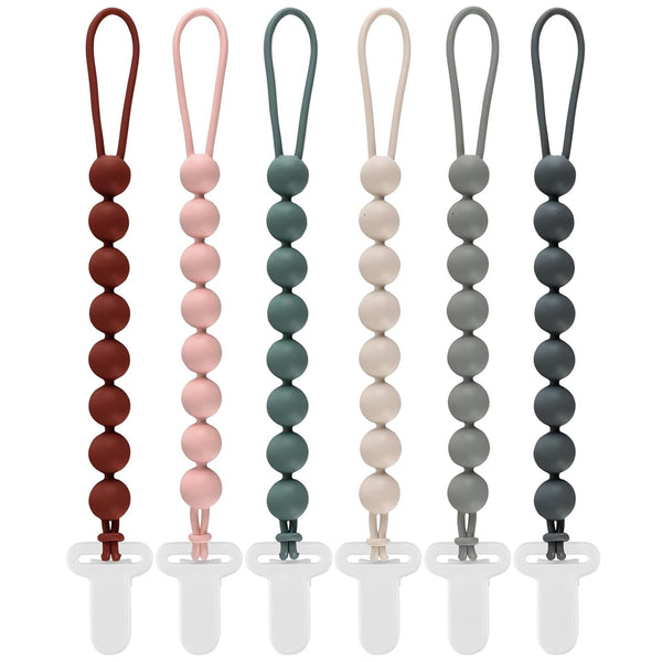 6-Pack Silicone Pacifier Clips for Babies, Safe Teething Beads, Rust-Free Holders, Baby