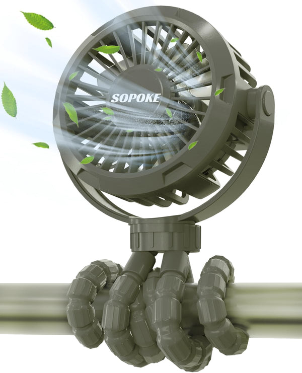 Mini Portable Baby Stroller Fan, 3 Speed Handheld Battery Operated Cooling Fan, Flexible Tripod for Travel (Green)