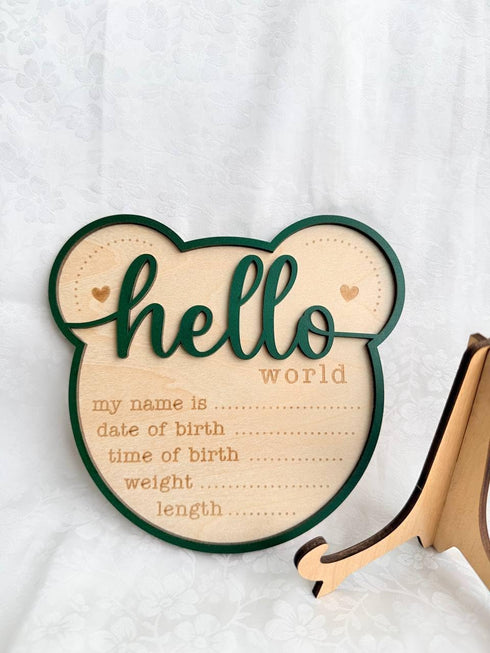 Kemmintvn Wooden Newborn Birth Announcement Ornament, Hello World Baby Keepsake Sign with Name Date Time Weight Length