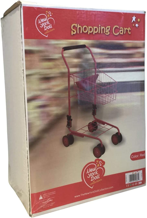 The New York Doll Collection Toy Shopping Cart for Kids - Includes Food, Folds for Easy Storage, Red