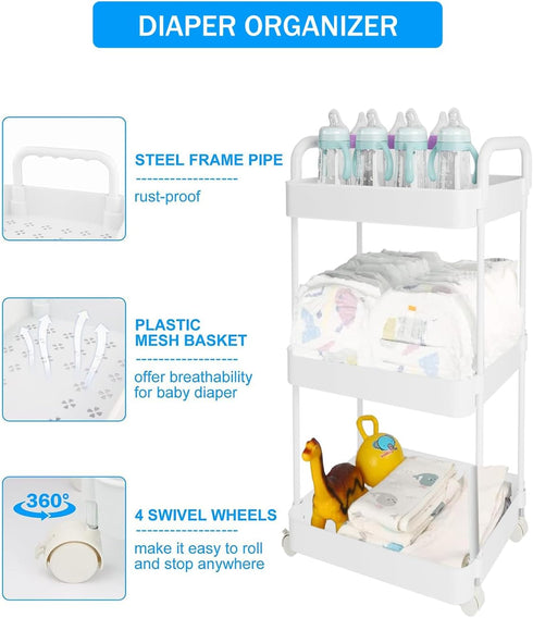 3-Tier Volnamal Diaper Caddy Organizer, Movable Diaper Cart with Wheels, Newborn Essentials Must Haves, Diaper Caddy