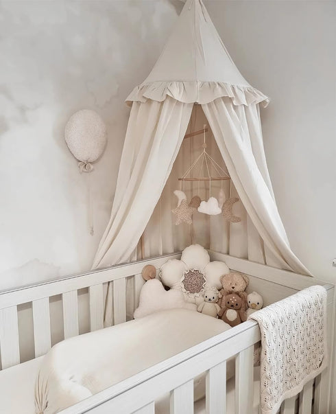 Wonder Space Kids Bed Canopy with Ruffles, Pastel Neutral Color for Boys & Girls, Frilled Cotton Tent Nursery Room Baby