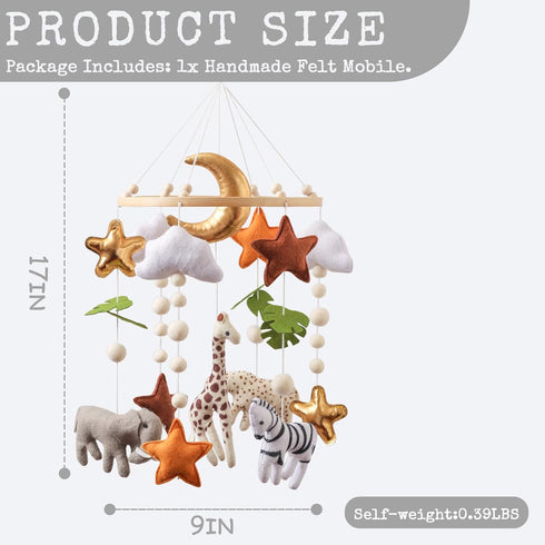 Moyii Baby Crib Mobile for Nursery - Handmade Felt Safari Animals Hanging Mobile - Giraffe Elephant Zebra Ceiling Decor
