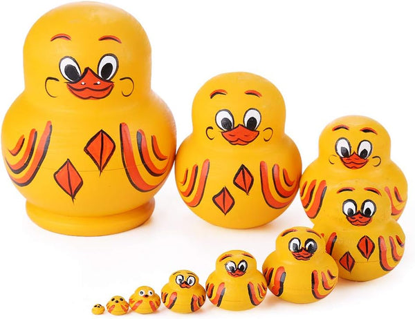 10 Pcs Wooden Yellow Duck Handmade Russian Nesting Dolls Toys, Cute Lovely