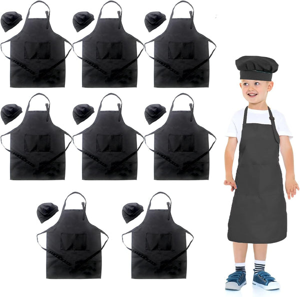 Toal 16 Pieces Kids Children Black Aprons Chef Hat, Kids Chef Kitchen
