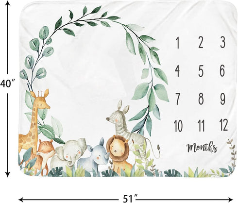 Baby Monthly Milestone Blanket Boy - Jungle Animals Newborn Month Blanket Neutral Safari Personalized Shower Gift Eucalyptus Leaf Wreath Nursery Decor Photography Background Prop with Frame 51''x40'' by Tebaby