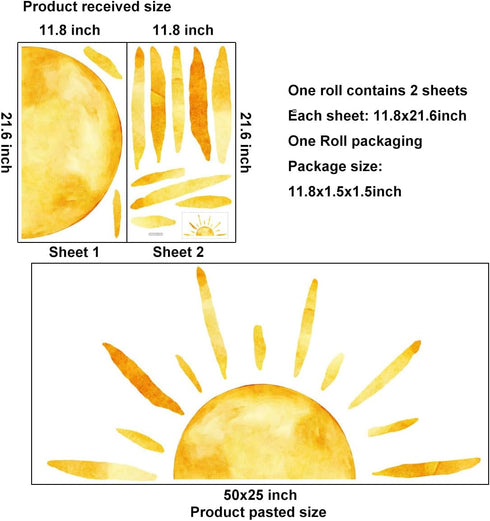 Duocheer ('''') Half Sun Wall Decal Extra Large Boho Sun Wall Decals Peel and Stick Removable Sunshine Wall Stickers