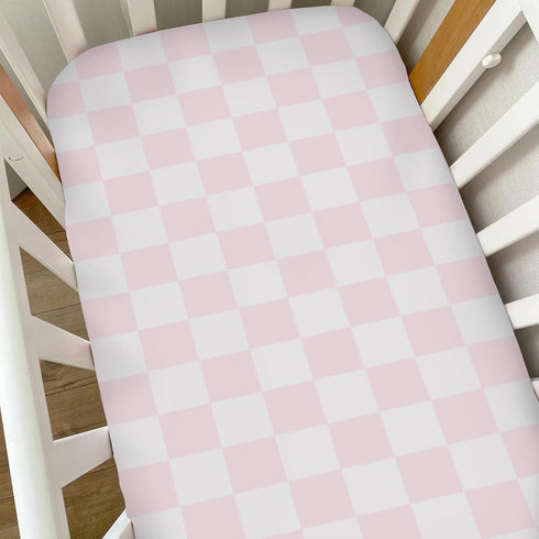 Selgkds 52''x28'' Pink and White Checkered Baby Crib Sheets for Girls Gingham Plaid Checkerboard Soft Snug Fitted Crib