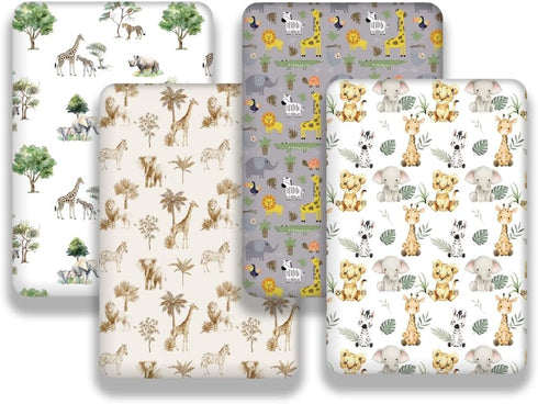 FIGEPO 4 Pack Set (Pack Safari Jungle Animals Neutral Unisex Fitted Nursery Baby Sheets Toddler Mattress Sheets