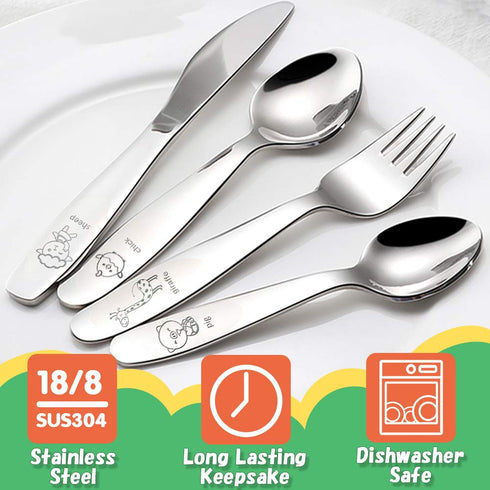 Kids Silverware Set - Toddler Utensils 18/8 Stainless Steel, 4PCS Fork, Spoon & Knife Cutlery for Age 3+