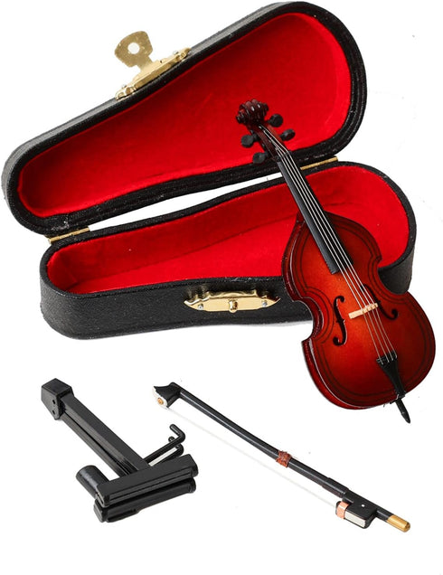 Dselvgvu (3.94"x1.51"x0.91") Wooden Miniature Double Bass with Stand, Bow and Case Mini Musical Instrument Contrabass