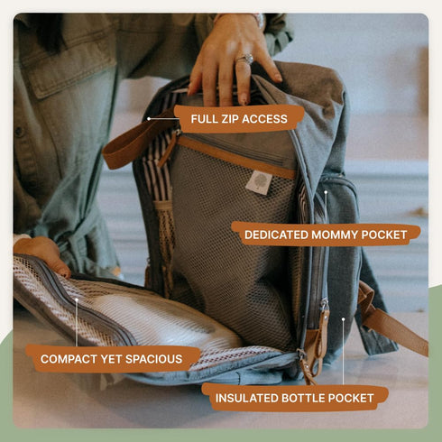 Backpack Parker Baby Diaper - Full Zip Diaper Bag with Insulated Pockets - Gray