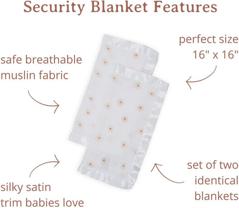 Lulujo Security Lovey Blankets Unisex Softest Breathable Cotton Muslin Security Blanket Set with Silky Satin Trim| Neutral Comforting Blanket for Girls & Boys| 16in x 16in| Daisies by lulujo