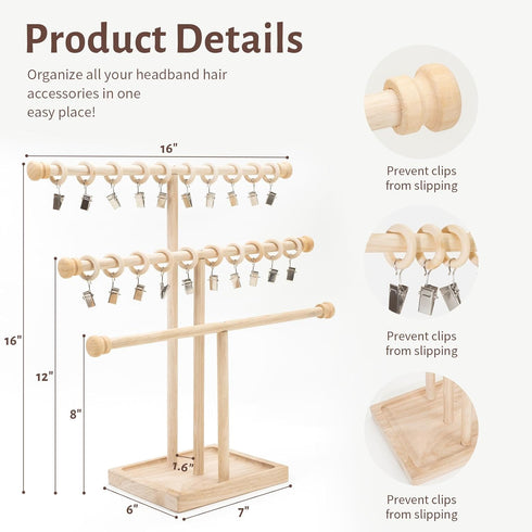 3 POVETIRE Headband Holder Stand Storage for Baby, Tier Wooden Bow Organizer for Girls Hair Bows, Infant Hair