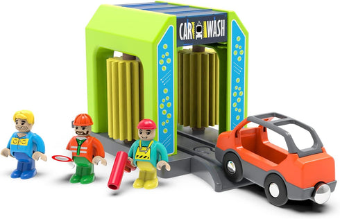 Car Wash Station Playset Toy for Wooden Train Track, Creative Pretend Play Toy Vehicles Accessory for Toddlers