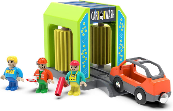 Car Wash Station Playset Toy for Wooden Train Track, Creative Pretend Play Toy Vehicles Accessory for Toddlers