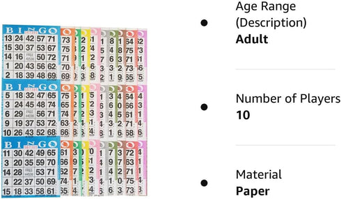 Bingo Paper Game Cards - 3 Card, 10 Bingo Sheets, 100 Books, 10 Colors, Made in USA
