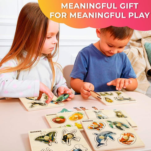 QUOKKA Wooden Puzzles for Toddlers 1-3 - 4 Set Animal and Birds Pegged Learning Toy for Kids Gift