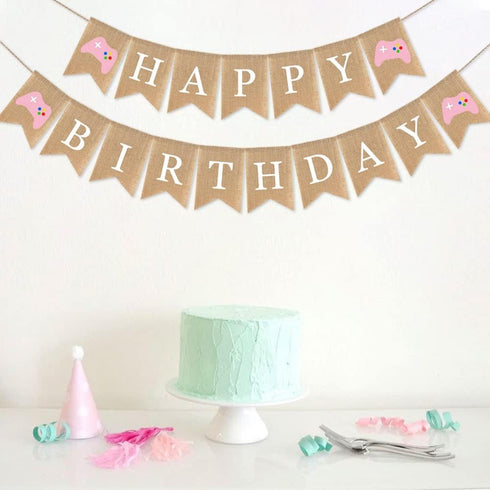 Video Game Birthday Decorations - Pink Game Controller Happy Birthday Burlap Banner, Gamer Themed Sign