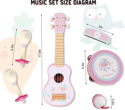Sets 2 3 Kids Guitar for Girls, Wooden Musical Instruments Toys with Ukulele, Tambourine, Maracas, Harmonica, Mini Band