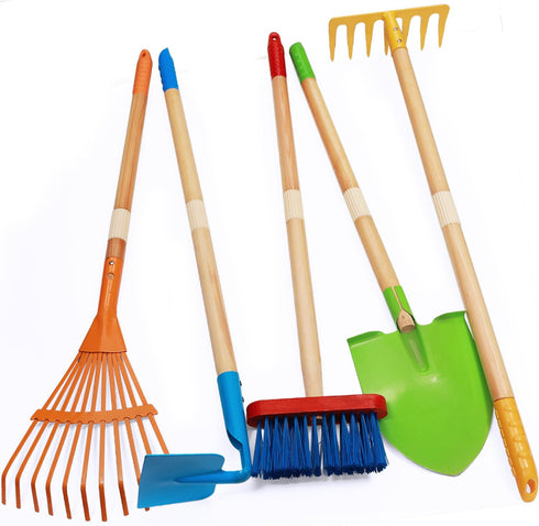 Kids Shovel, Rake for Leaves, Spade, Hoe and Broom, 5Pcs Kids Garden