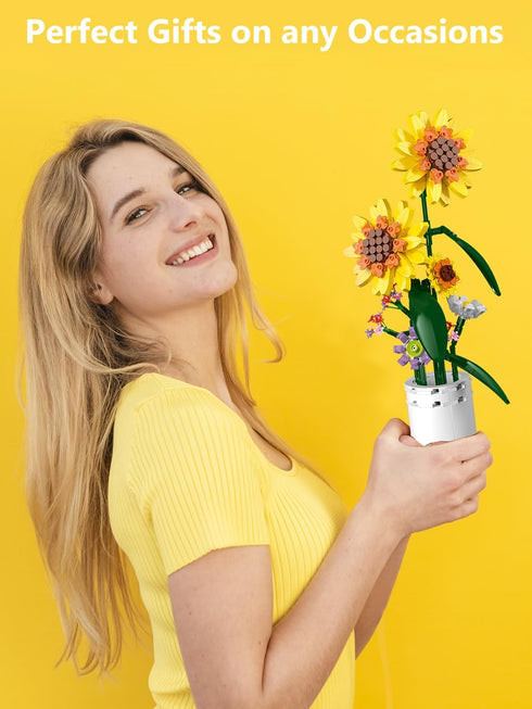 AMSHINE Set, Sunflower Bouquet Building Block Flower with Vase Building Toys, Home Garden Office Decorations and Party