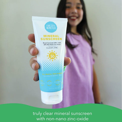 Fresh Monster Daily Kids Sunscreen, SPF 30, Clear Non-Nano Zinc Oxide, Reef Safe, Hypoallergenic for Kids